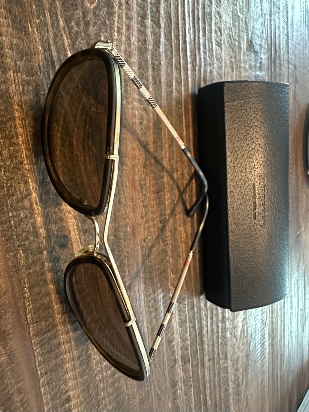 Burberry Gold Frame Sunglasses with Brown Lenses and Check Temples - Picture 3 of 6